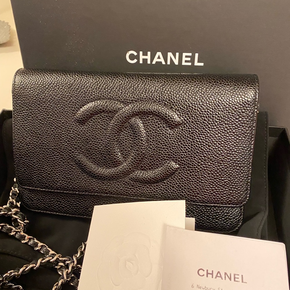 Chanel timeless wallet on chain silver hardware.